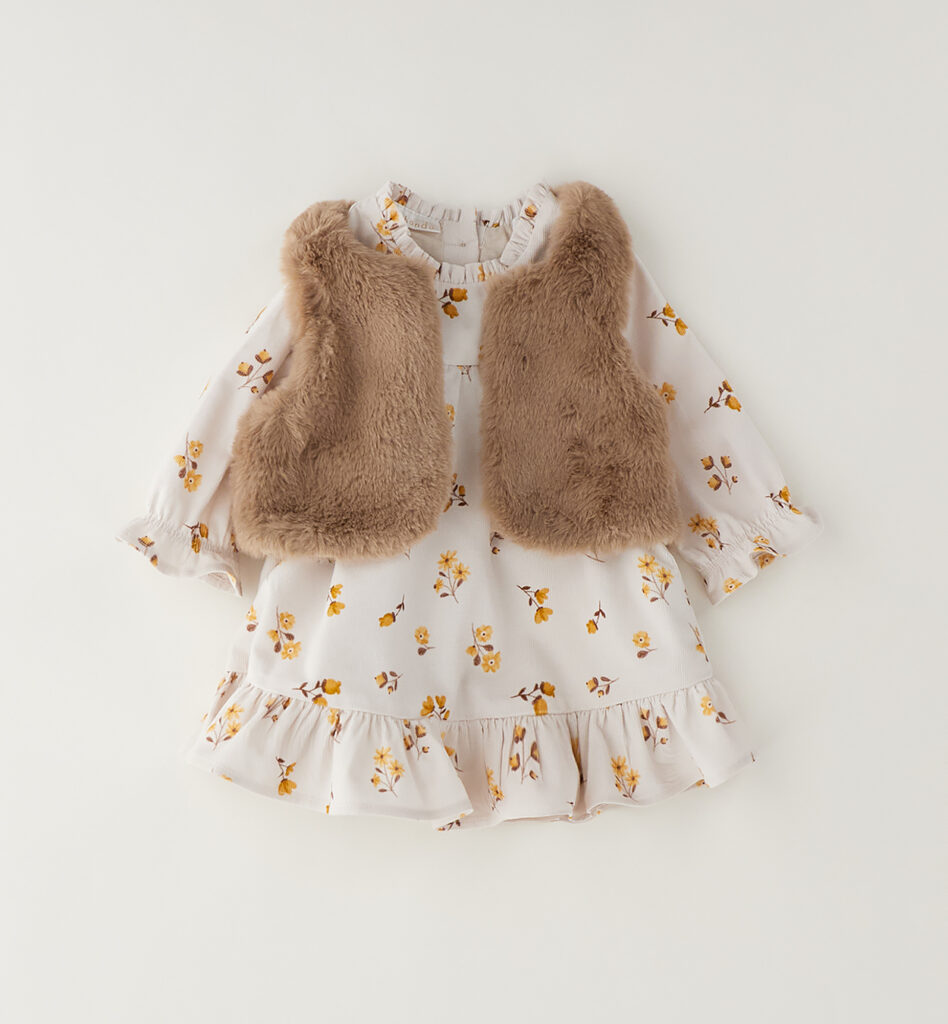 Vestito Floreale con Giacchetta Effetto Pelliccia